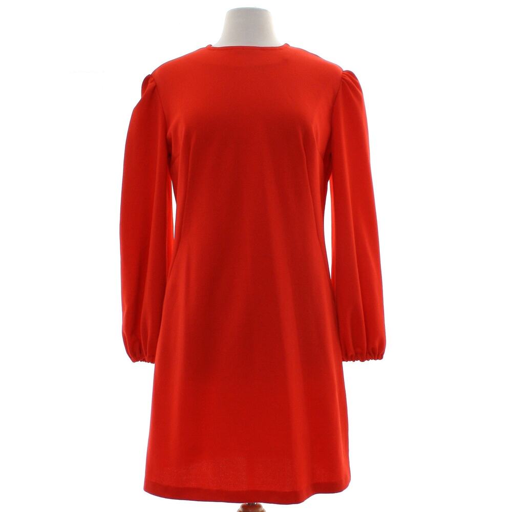 Vintage 70s Women's Medium Orange Double Knit A-Line Dress Long Sleeve Mod Shift